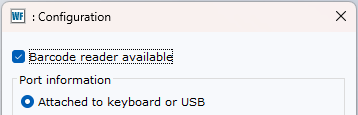 Barcode Reader setup, configuration window