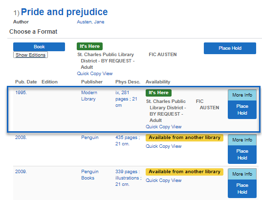 Show editions, display indicates which edition is at my library and status of availability