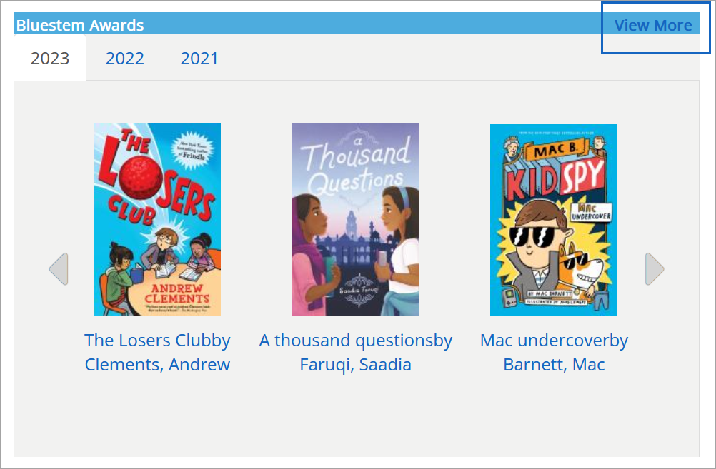 scrolling spotlight showing Bluestem awards with tabs for each year and a link to View More to see the full list of award winners for each year.