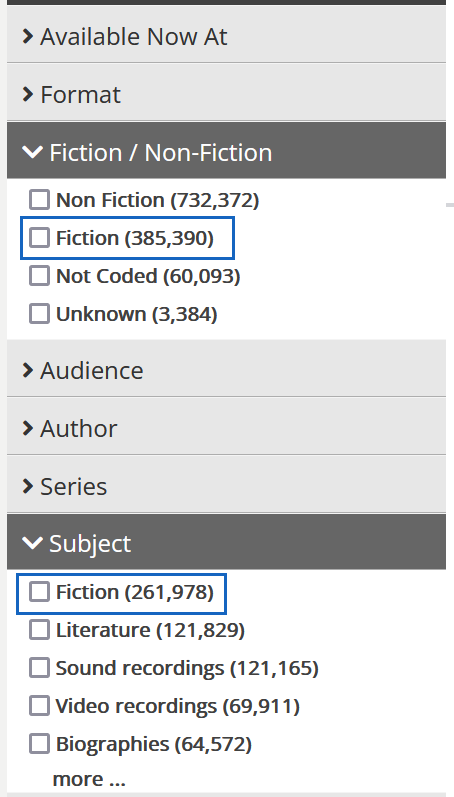fiction filter options in the Aspen catalog.