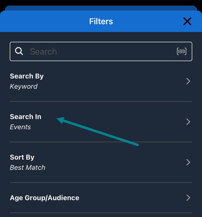events search filter lida aspen