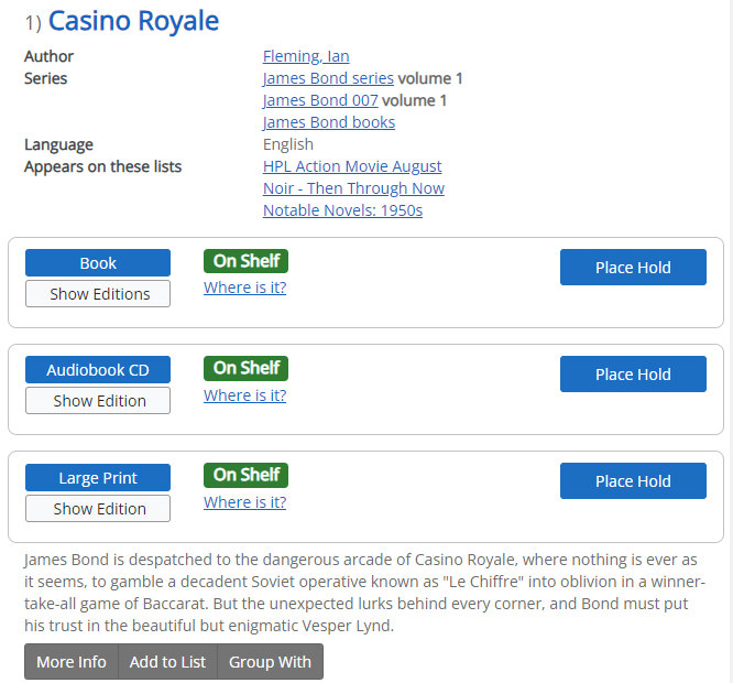 Casino Royal Grouping Results