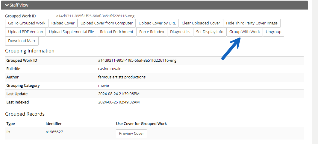 Arrow pointing to the Group With Work Button within the selected title record.