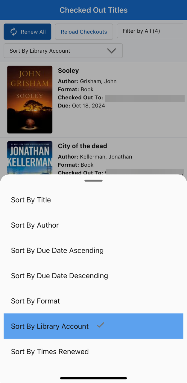 screenshot of the app with sort options in the checked out titles screen