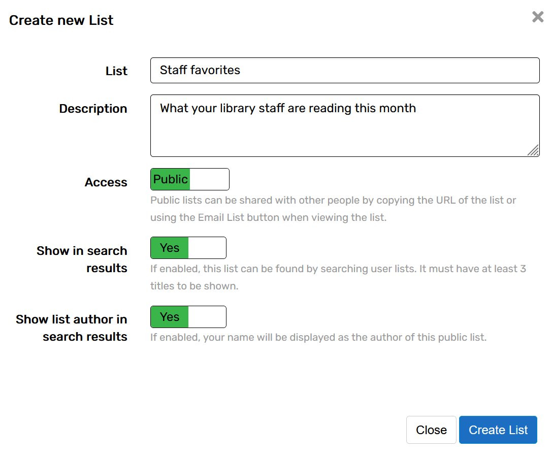 publishing options for lists