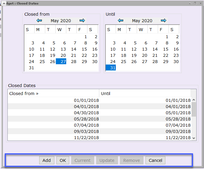 Closed Dates Remove button