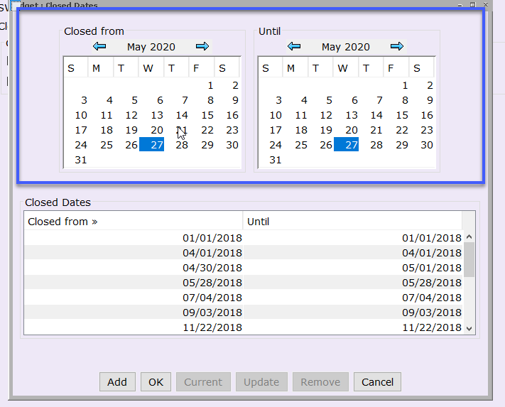Closed From to Until Calendar